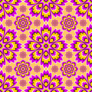Yellow wrapping paper with pink flowers. Optical expansion illusion. Seamless pattern.