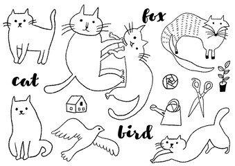 猫と鳥と狐イラストモノクロ