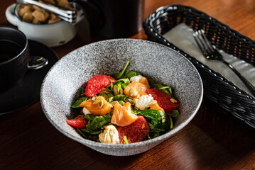 Buddha bowl with shrimps and fish