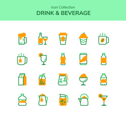 drink beverage icon set collection beer cocktail cola juice tea lemon squash ice cream milk mineral water brew coffee with dual tone color outline style