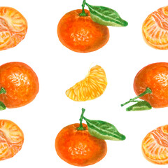 set of tangerines. Organic food. Tropical fruit. Tangerine, mandarine slice. Orange, green. Watercolor hand painted.