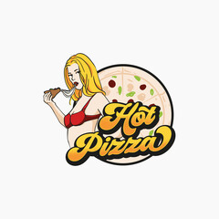 Hot girl eating pizza logo design template