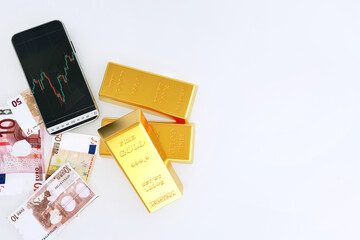 investment background, trading screen, fine gold bars, currency bank note, Concept for economic, financial and currency exchange rate, 3D illustration