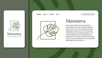 monstera logo and icon with mobile app and landing page template vector illustration © amindachoirun