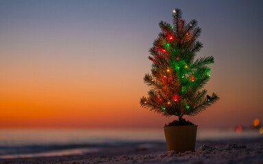 Christmas tree on the beach. Ocean sunset and Christmas lights. Decorated pine or fir tree. Winter vacations in Florida. Happy New Year.