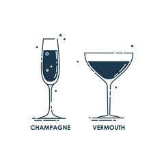 Glassware champagne and vermouth line art in flat style. Restaurant alcoholic illustration for celebration design. Contour element. Beverage outline icon. Isolated on white background in graphic style