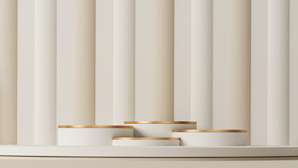 Minimal stage with podium and abstract background. Pastel cream and gold colors. Trendy 3d rendering for social media banners, promotion, cosmetics trade show. Interior geometric shapes.
