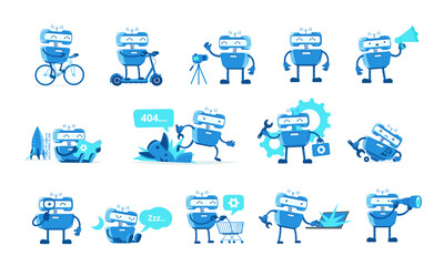 Robot mascot character set. Support service-center. Chat bot. All tasks. Cartoon flat vector illustration. - obrazy, fototapety, plakaty