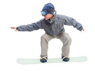 Snowboarder with snowboard deck. Isolated on a white background.