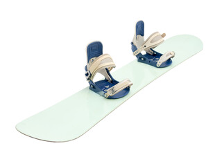 Snowboard with strap-in bindings and stomp pad. Isolated with clipping path.