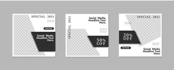 Set of Editable minimal square banner template. black and white background color with geometric shapes for social media post and web internet ads. Vector illustration