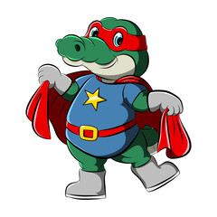 The crocodile with super heroes holding the red cloak