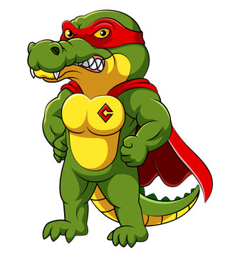 The crocodile with muscular body wearing red super heroes costume