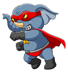 The super elephant is stepping with the punch pose by wearing red mask and robe