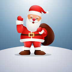 Cartoon happy Santa Claus holding bag and waving