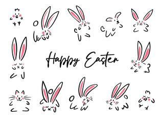 Cartoon doodle happy Easter sign card, simple line bunny, chicken, cat, dog. Vector doodle illustration. Black outline bunny ears. Cute easter funny hand drawn line shape sketch on white background.