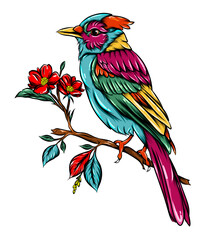 The blur jay bird zentangle with the good colour is sitting on the small branch tree beside the flowers