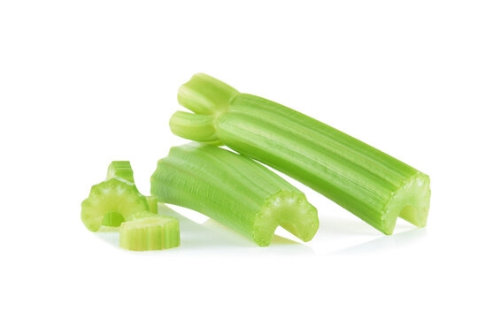 Green fresh celery with slice isolated on white background.