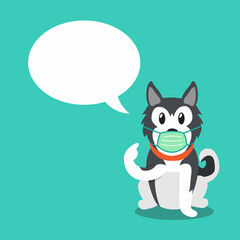 Cartoon character siberian husky dog wearing protective face mask with speech bubble for design.