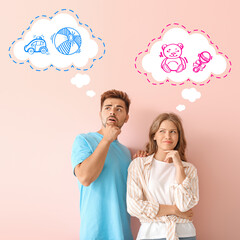 Young couple thinking about sex of their baby on color background