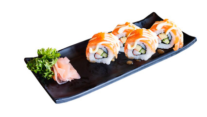 Shushi serve in black Japanese plate isolated over white background - Japanese favorite international food concept