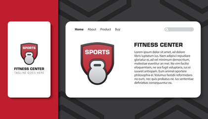modern fitness logo and gym icon with mobile app and landing page template vector illustration