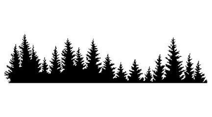 Fir trees silhouettes. Coniferous spruce horizontal background pattern, black evergreen woods vector illustration. Beautiful hand drawn panorama of a coniferous forest © designer_things