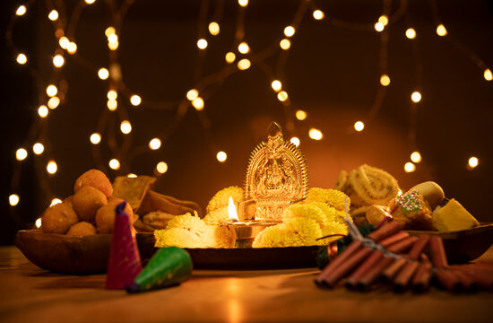 Diwali Fire Cracker And Diya Decoration On Diwali Day