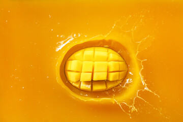 Falling of fresh mango into juice