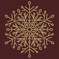 Round snowflake. Abstract winter ornament. Golden snowflake