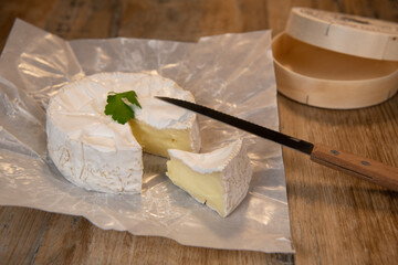 Camembert cheese on a wooden background, High quality photo