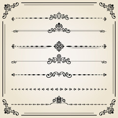 Obraz premium Vintage set of decorative elements. Horizontal separators in the frame. Collection of different ornaments. Classic black patterns. Set of vintage patterns