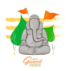 Sculpture Of Ganesha Made By Soil With Peepal Leaves, Flags And Incense Holder On White Background For Ganesh Chaturthi.
