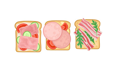 Sandwich with Bacon, Wurst and Vegetables Placed on Slice of Bread Vector Set