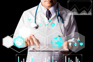 Medical, Technology and Big data healthy in world Concept - Doctor pointing on screen tablet with hand and World Map Globe.