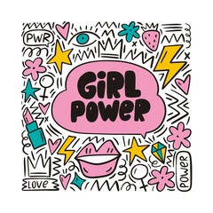 Handwritten lettering quote  - girls are power. Doodle abstract background - hearts, lips, lipstick, crown, lightning, strawberries.