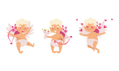 Obraz na płótnie Canvas Cupid as Winged Chubby Boy in Diaper with Bow and Arrow Vector Set