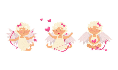 Winged Chubby Girl Cupid with Bow and Arrow Vector Set