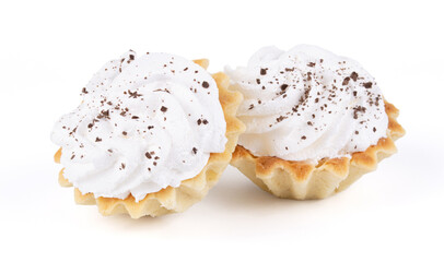 Two tasty Cupcake with butter cream and chocolate chips isolated on white background