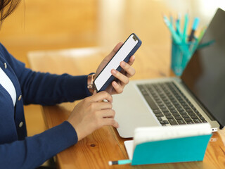 Fototapeta premium Businesswoman using smartphone while working with laptop and stationery