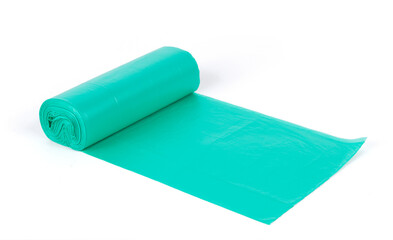 Green roll of plastic garbage bags isolated on white background