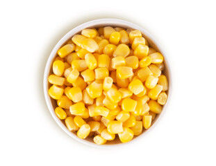 Canned corn in white bowl isolated on white background, top view