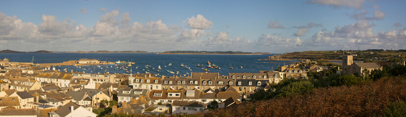 A panorama of Hughtown harbour from Buzza Hill, St Mary's, Scilly Isles, Cornwall, England, UK.