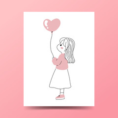 Cute girl holding a heart shaped balloon. Pink Valentine hand drawn doodle minimalism style card.