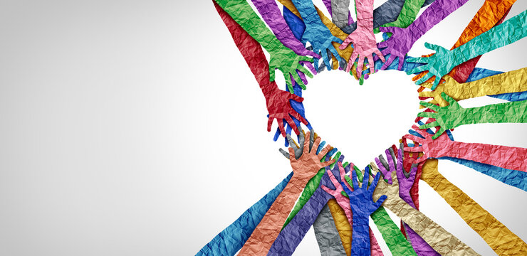United diversity and unity partnership as heart hands in a group of diverse people connected together shaped as a support symbol expressing the feeling of teamwork and togetherness