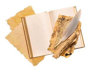 Old book with feather and scroll on white background