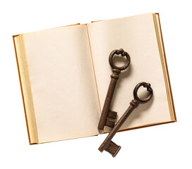 Old book with keys on white background