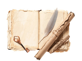 Old book with scrolls and key on white background