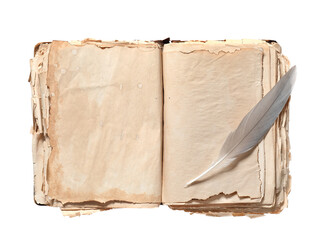 Old book with feather on white background