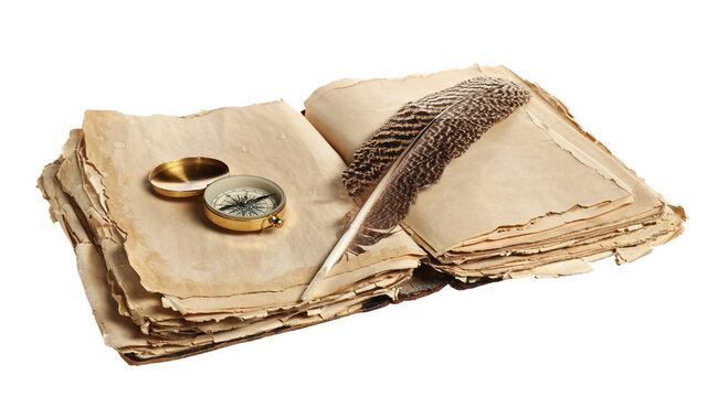 Old book with compass and feather on white background